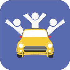 Icon to represent ride sharing with three figures standing in a car