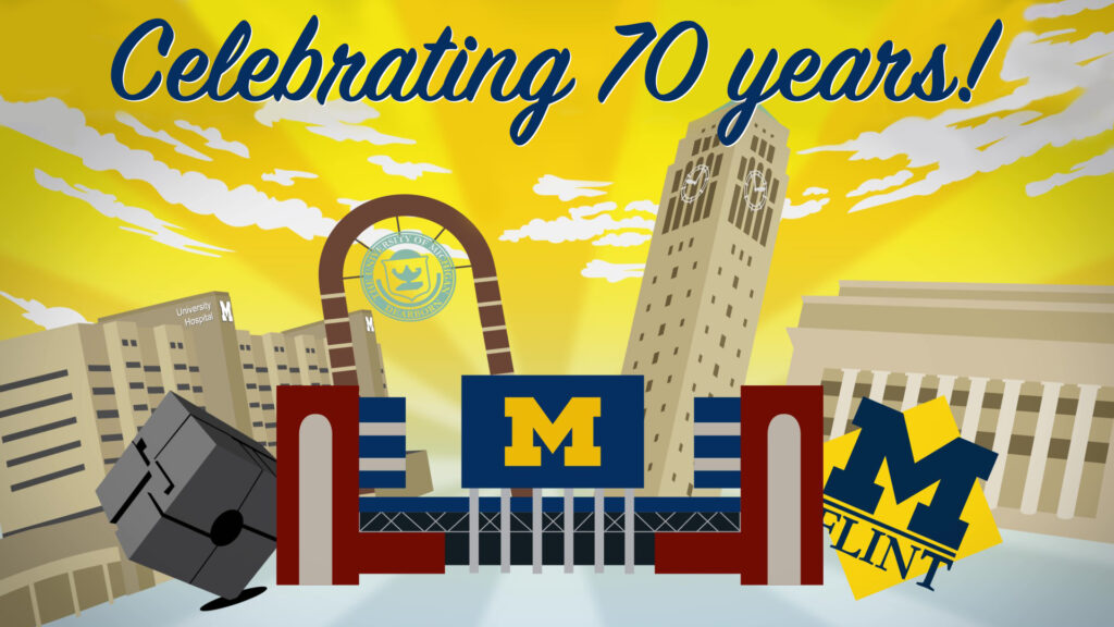 Image showing representative icons of all four campuses of the University of Michigan with recognition of the 70th anniversary of the retirees association.